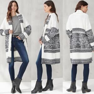 Lucky Brand Womens Border Print Shawl Cardigan Size Small Black White Open Front